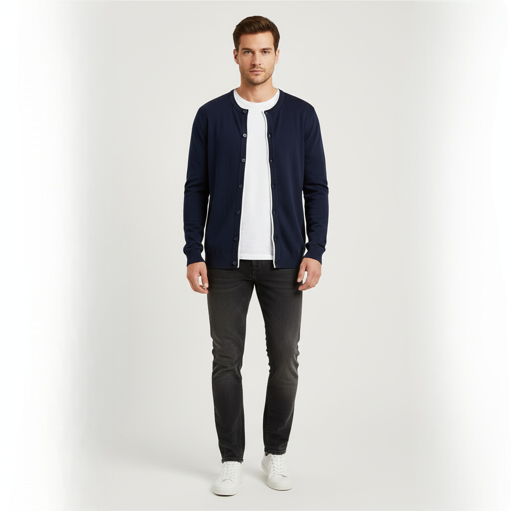 Men's Dark Blue Full Button Sweater with White Lining