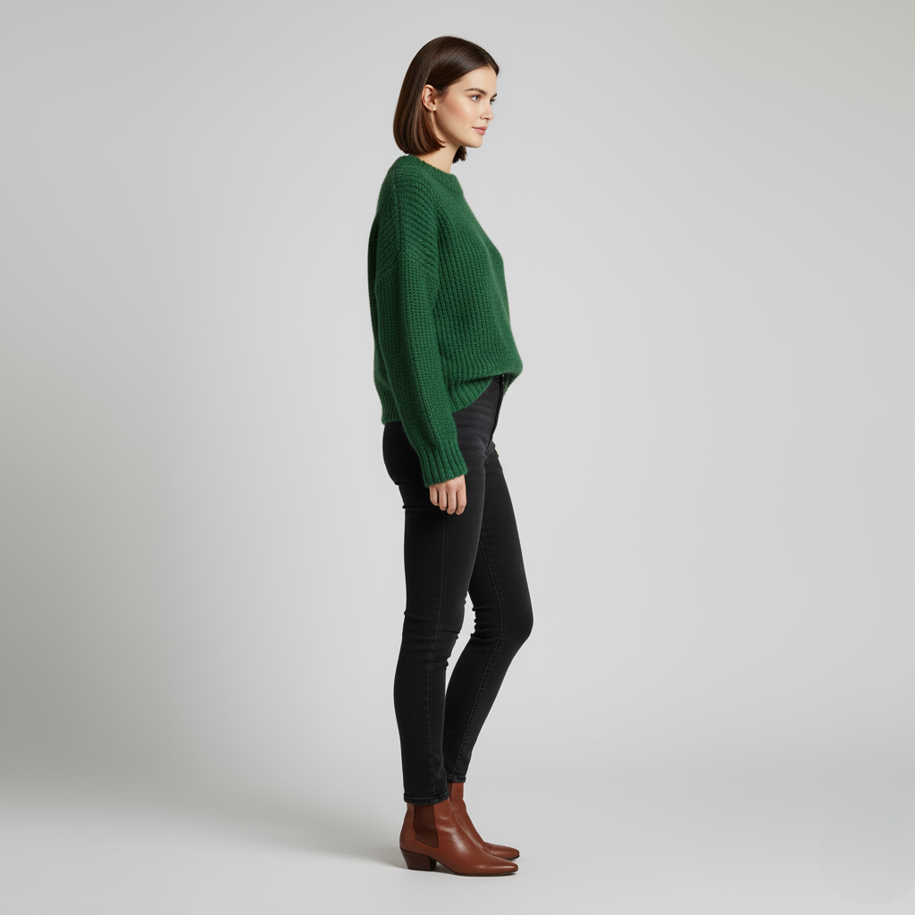 Women's Deep Green Chunky Knit Sweater – Crew Neck, Relaxed Fit