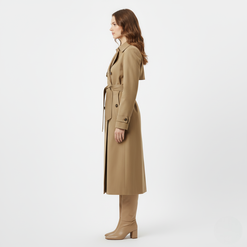 Women’s Long Trench Coat – Classic Double-Breasted Belted Overcoat in Camel