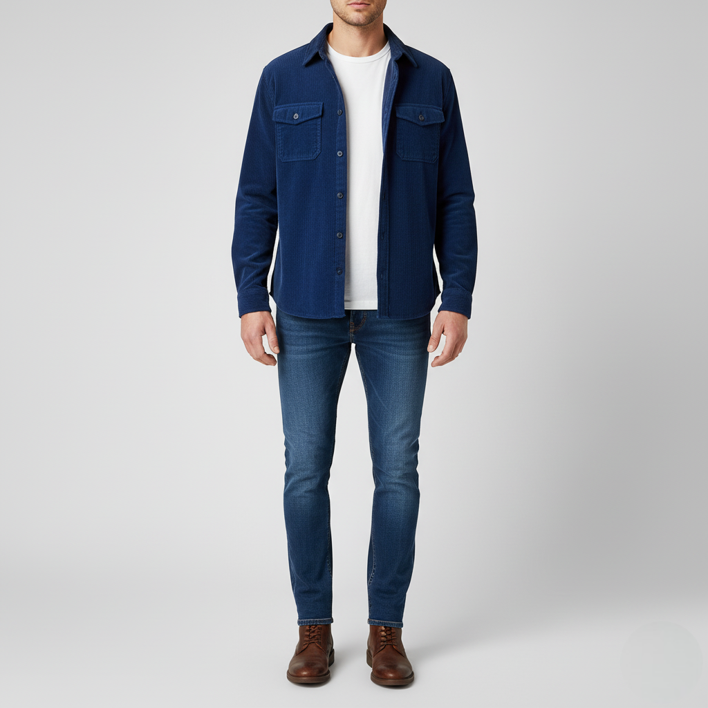 Men's Navy Blue Corduroy Button-Up Overshirt with Dual Chest Pockets