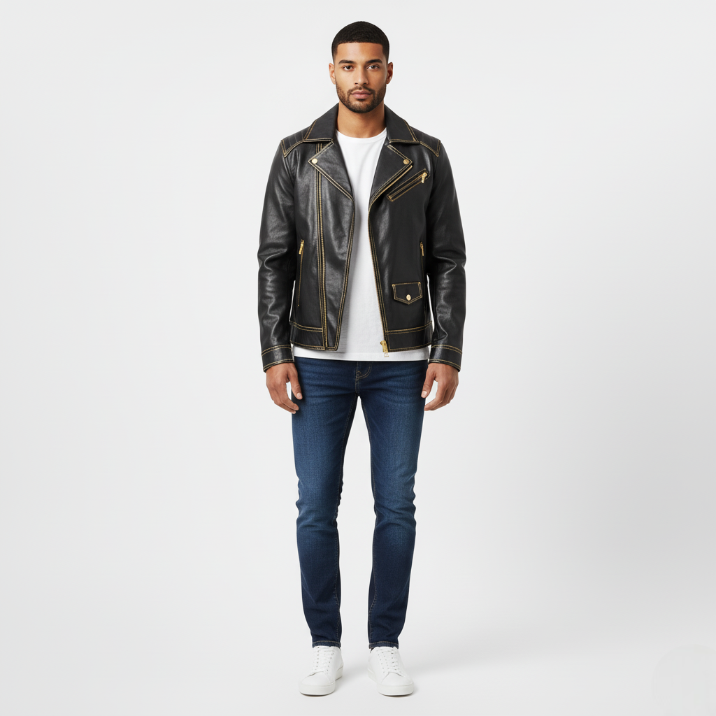 Men’s Black Faux Leather Biker Jacket with Gold Zip Detailing