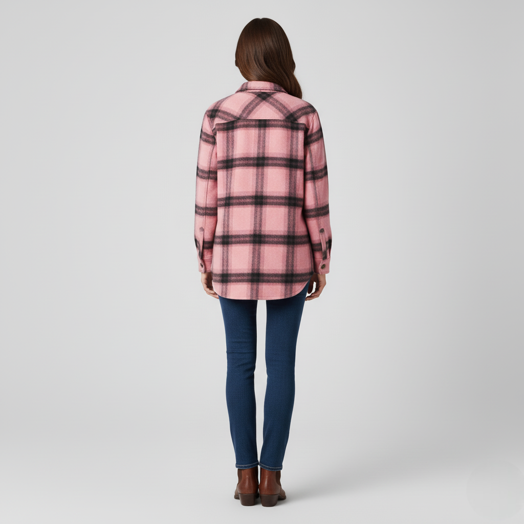 Women's Soft Pink Plaid Flannel Shirt Jacket – Oversized Fit
