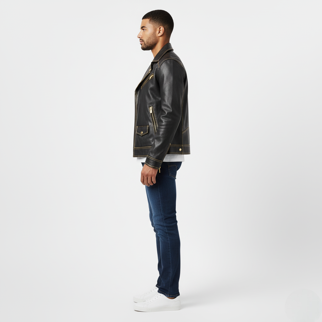 Men’s Black Faux Leather Biker Jacket with Gold Zip Detailing