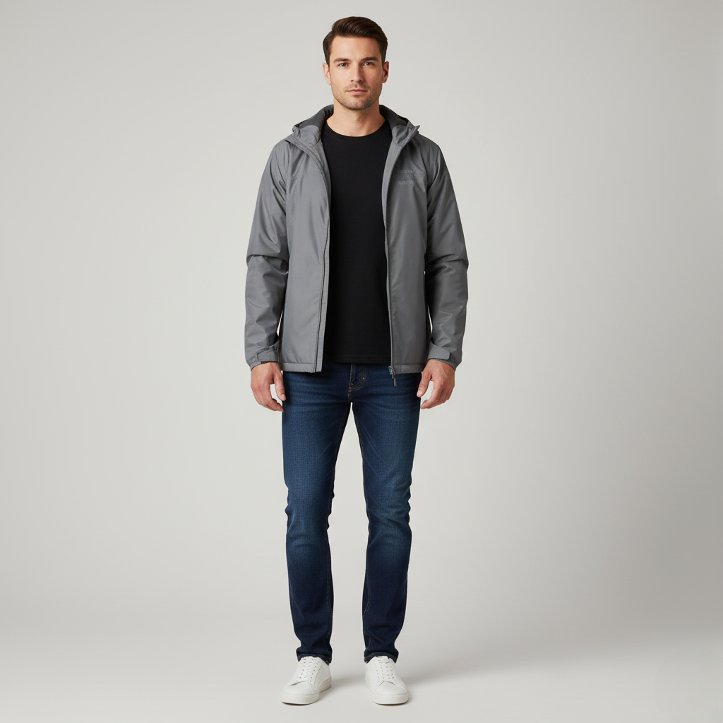 Men's Gray Hooded Water-Resistant Outdoor Windbreaker Jacket