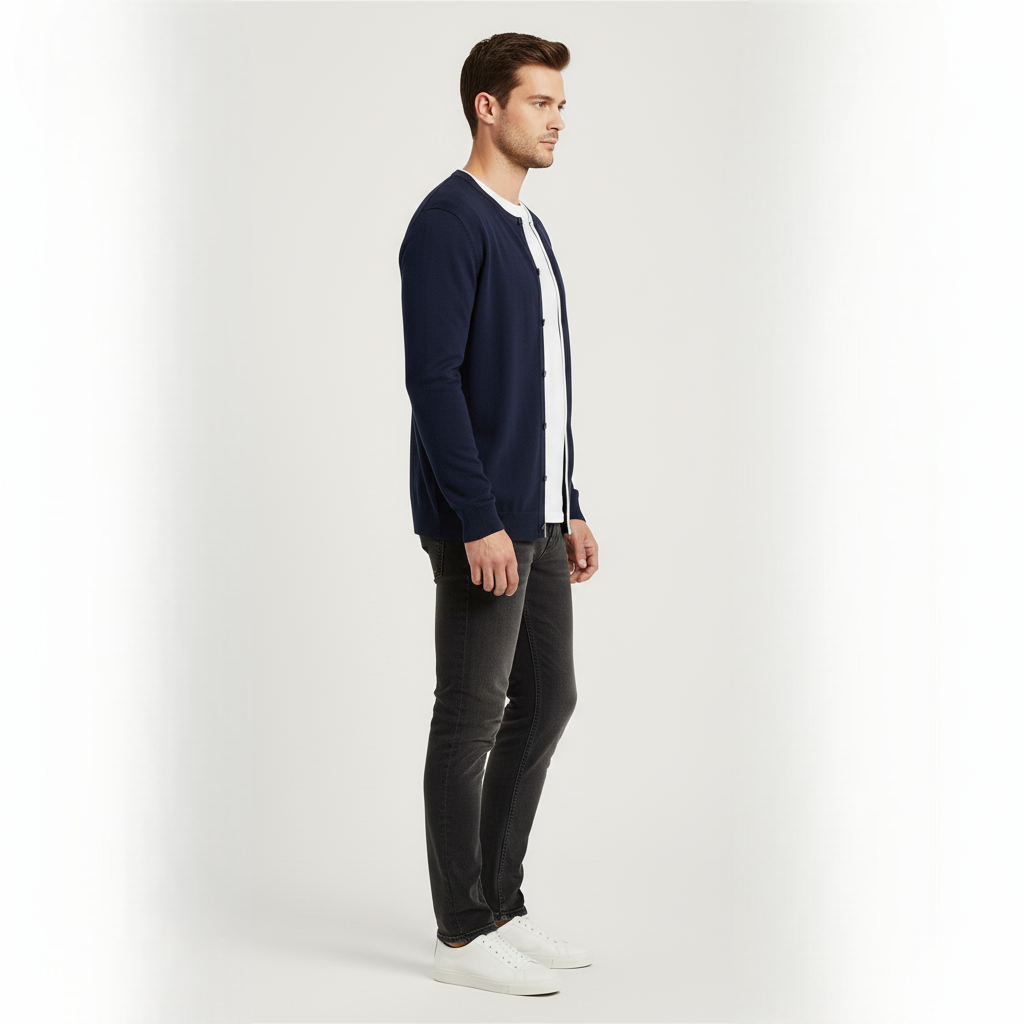 Men's Dark Blue Full Button Sweater with White Lining