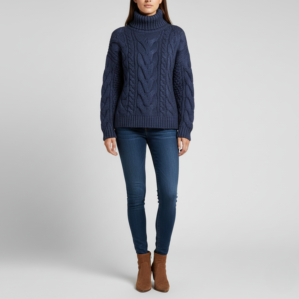 Maric| Women's Chunky Navy Blue Cable Knit Turtleneck Sweater