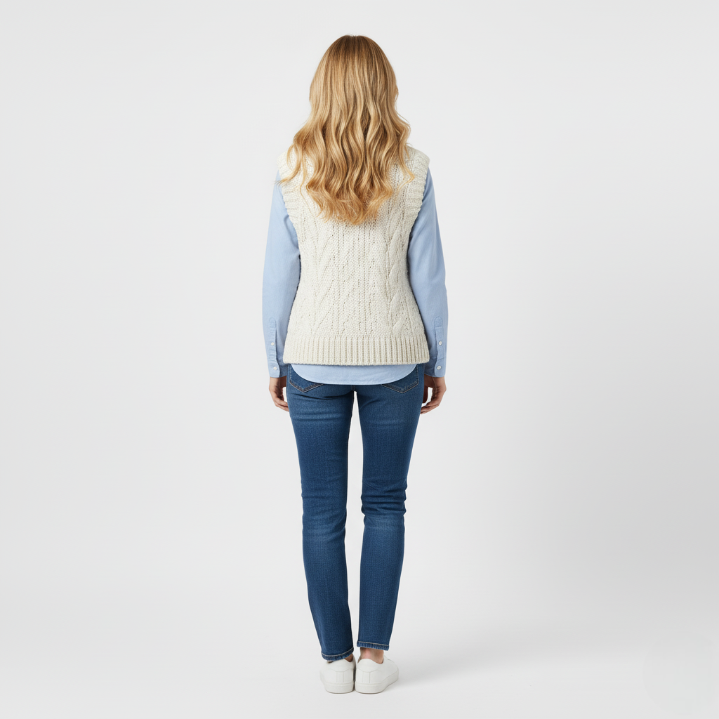 Women's White Knitted High Collar Toggle Button Vest