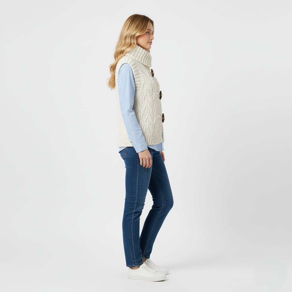 Women's White Knitted High Collar Toggle Button Vest