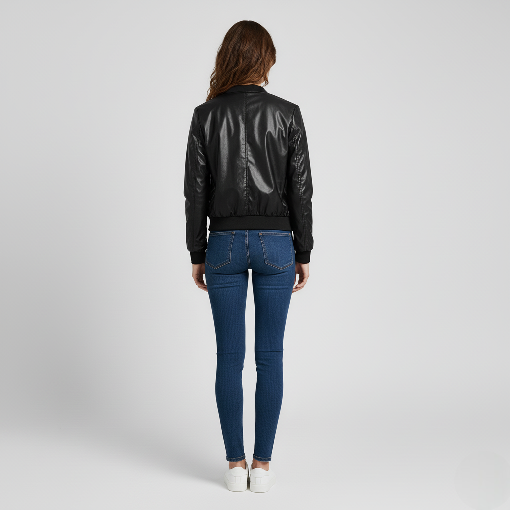 Women’s Black Faux Leather Bomber Jacket with Zip Closure