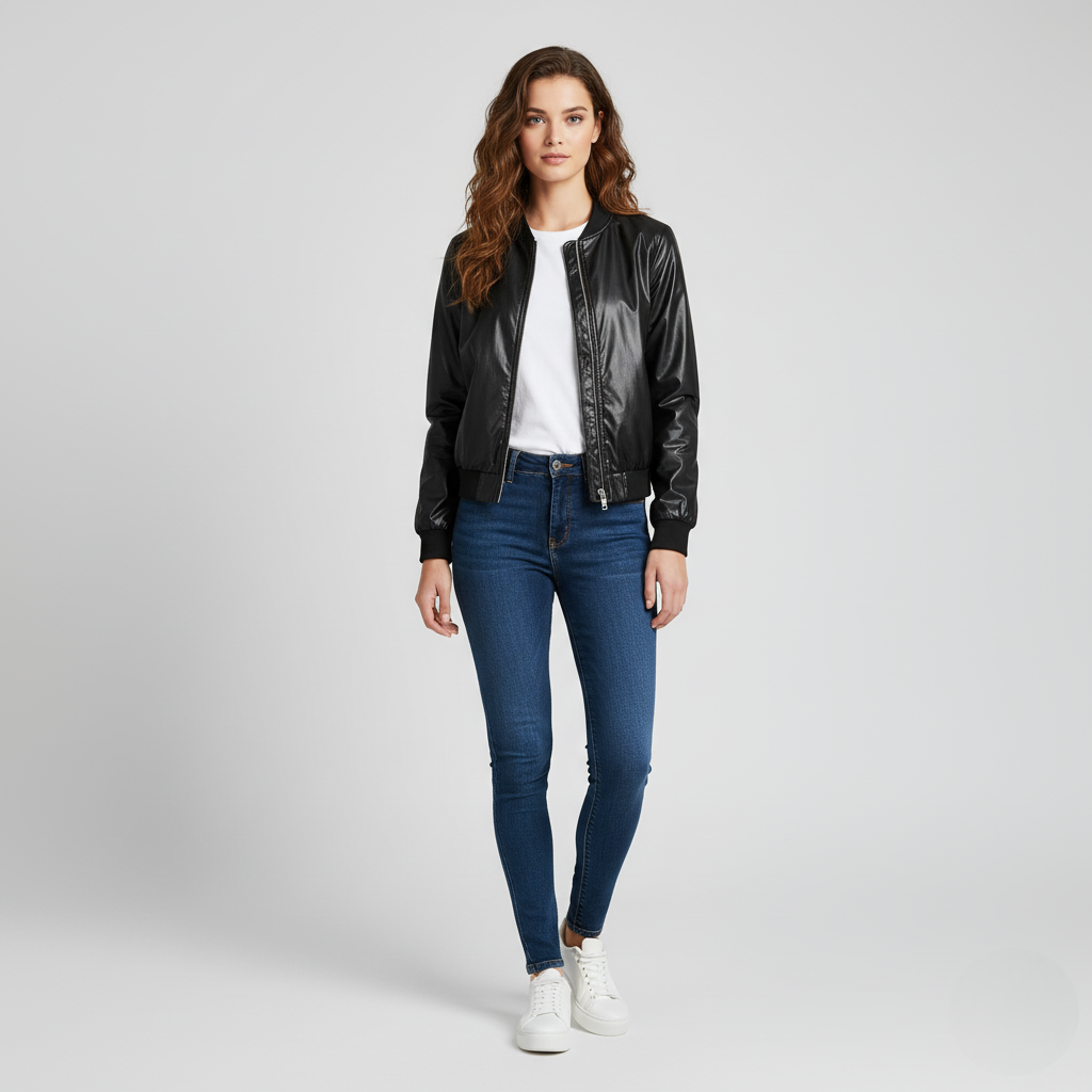 Women’s Black Faux Leather Bomber Jacket with Zip Closure