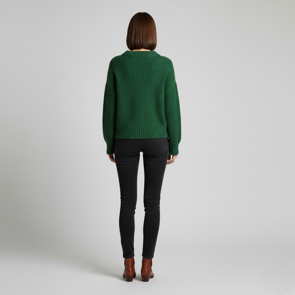 Women's Deep Green Chunky Knit Sweater – Crew Neck, Relaxed Fit