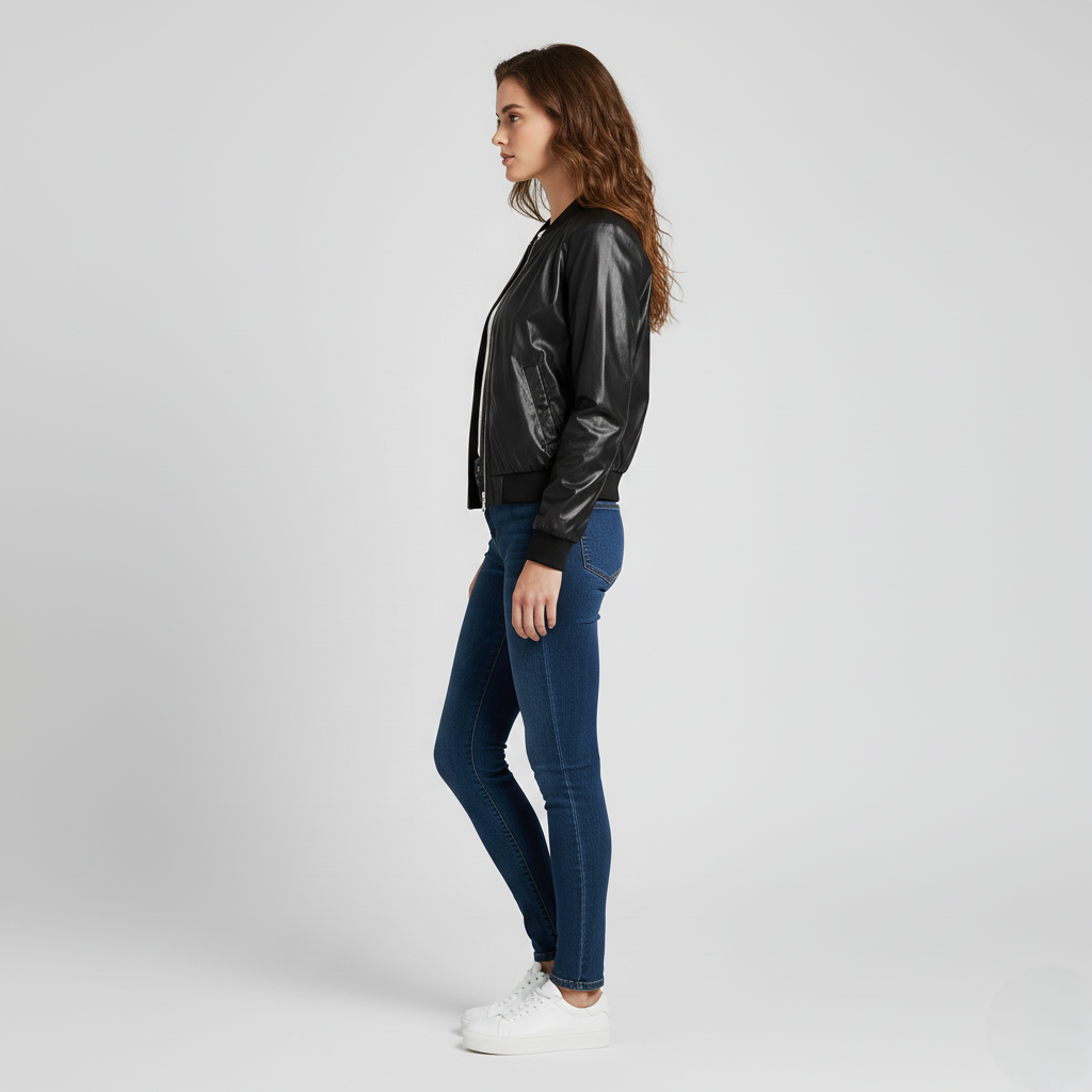Women’s Black Faux Leather Bomber Jacket with Zip Closure