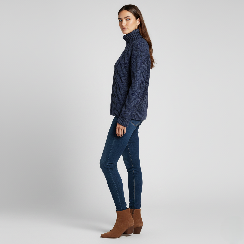 Maric| Women's Chunky Navy Blue Cable Knit Turtleneck Sweater
