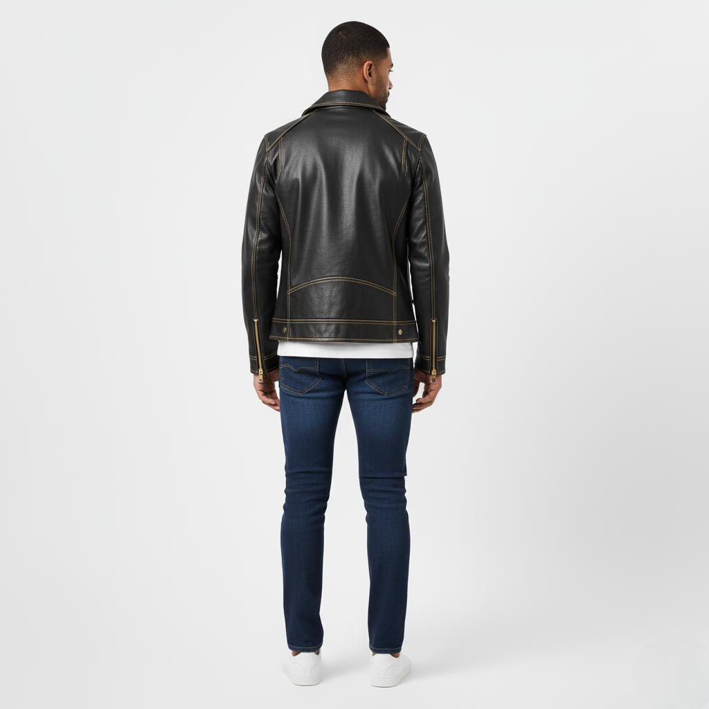 Men’s Black Faux Leather Biker Jacket with Gold Zip Detailing