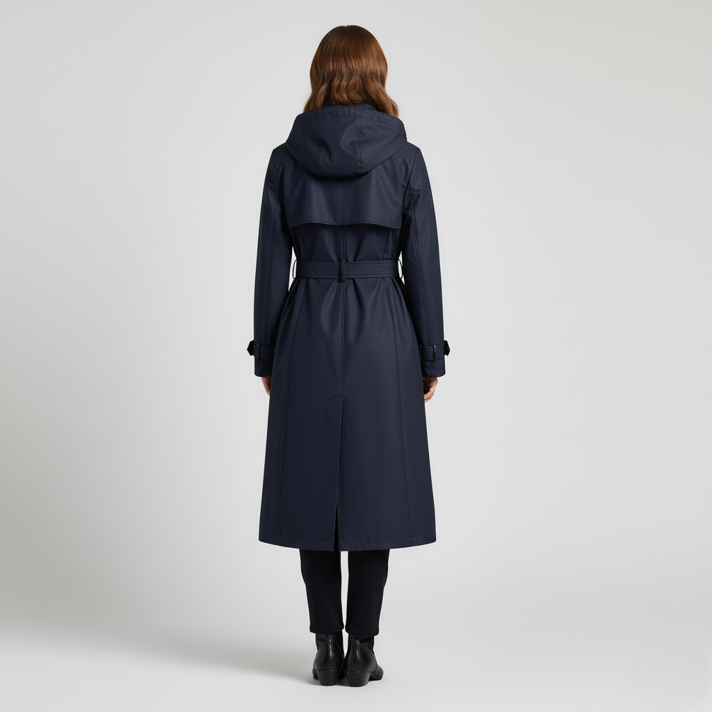 Women’s Long Trench Coat – Double-Breasted Belted Raincoat with Hood