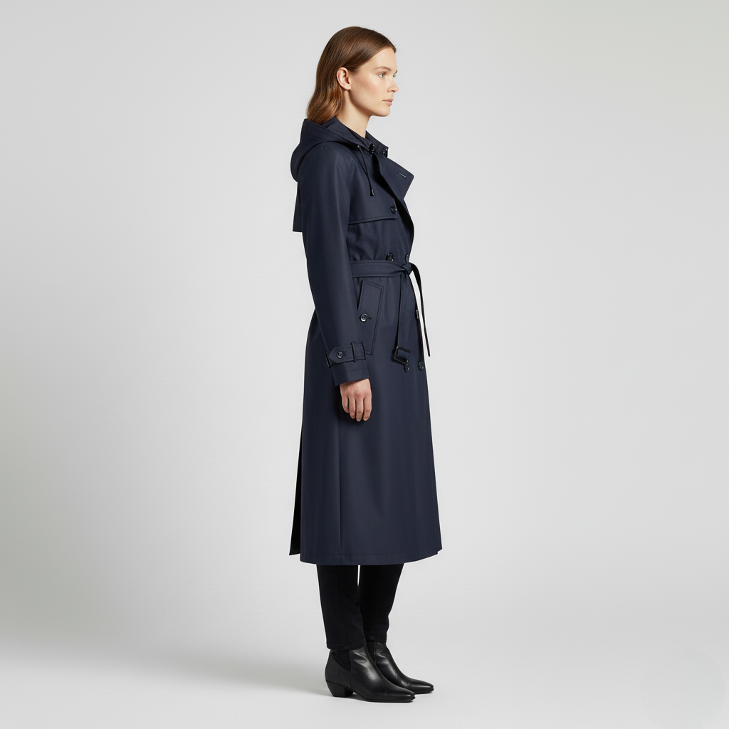 Women’s Long Trench Coat – Double-Breasted Belted Raincoat with Hood