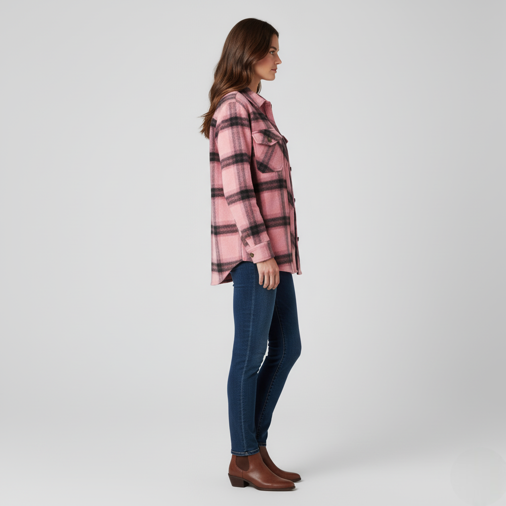 Women's Soft Pink Plaid Flannel Shirt Jacket – Oversized Fit