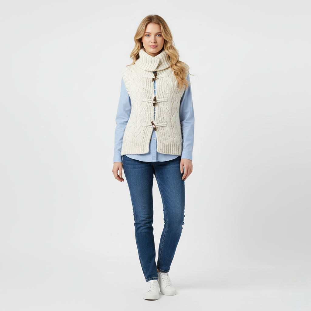 Women's White Knitted High Collar Toggle Button Vest