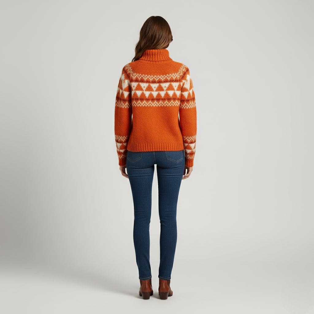 Women's Fair Isle Roll Neck Sweater – Autumn Orange, Warm Chunky Knit Pullover