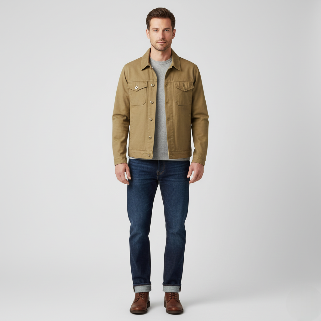 Men’s Khaki Cotton Utility Jacket with Button Closure