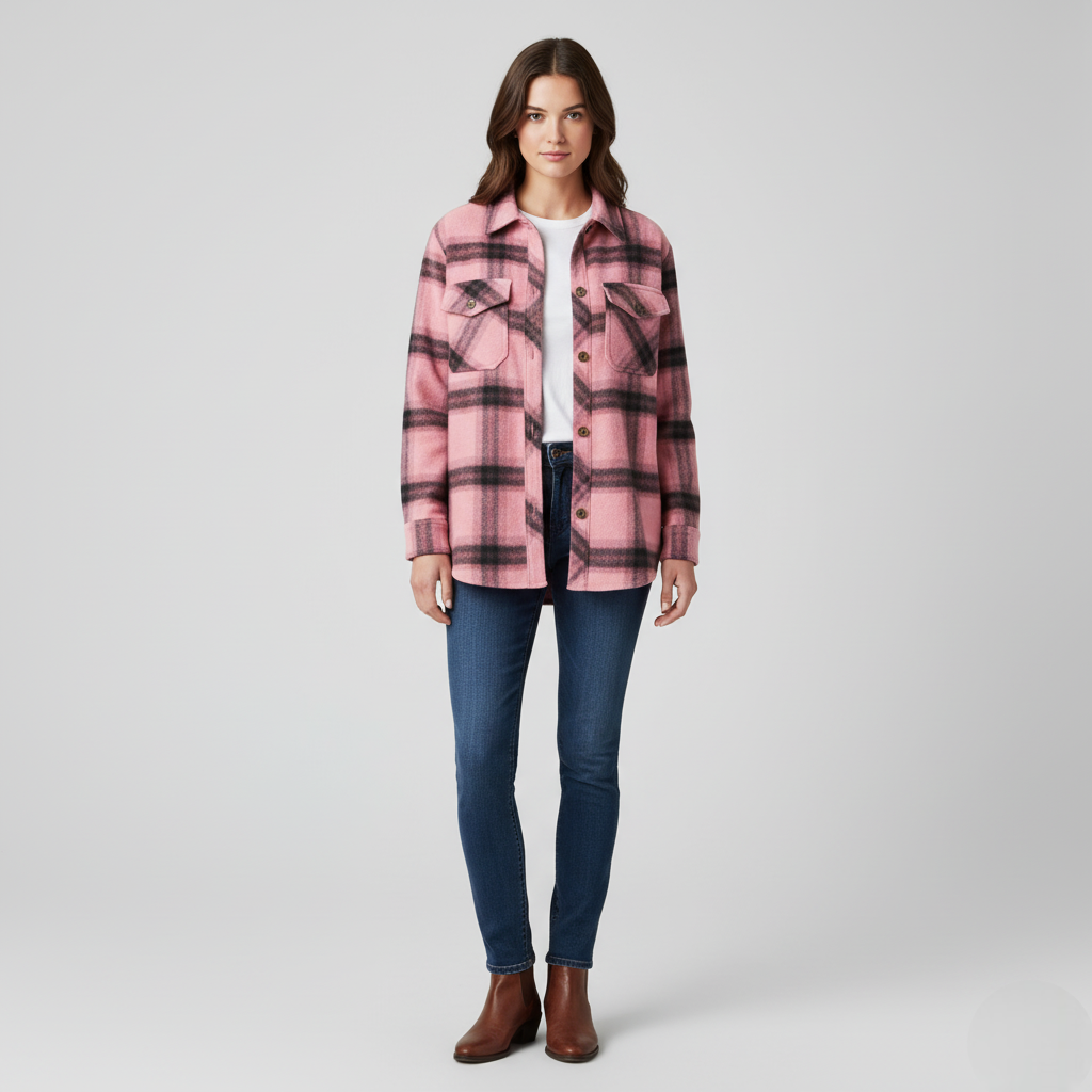 Women's Soft Pink Plaid Flannel Shirt Jacket – Oversized Fit