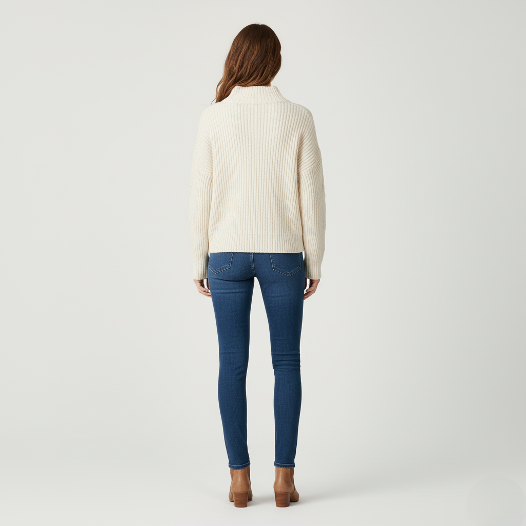 Women's Cream Ribbed Knit Mock Neck Sweater with Circle Pattern