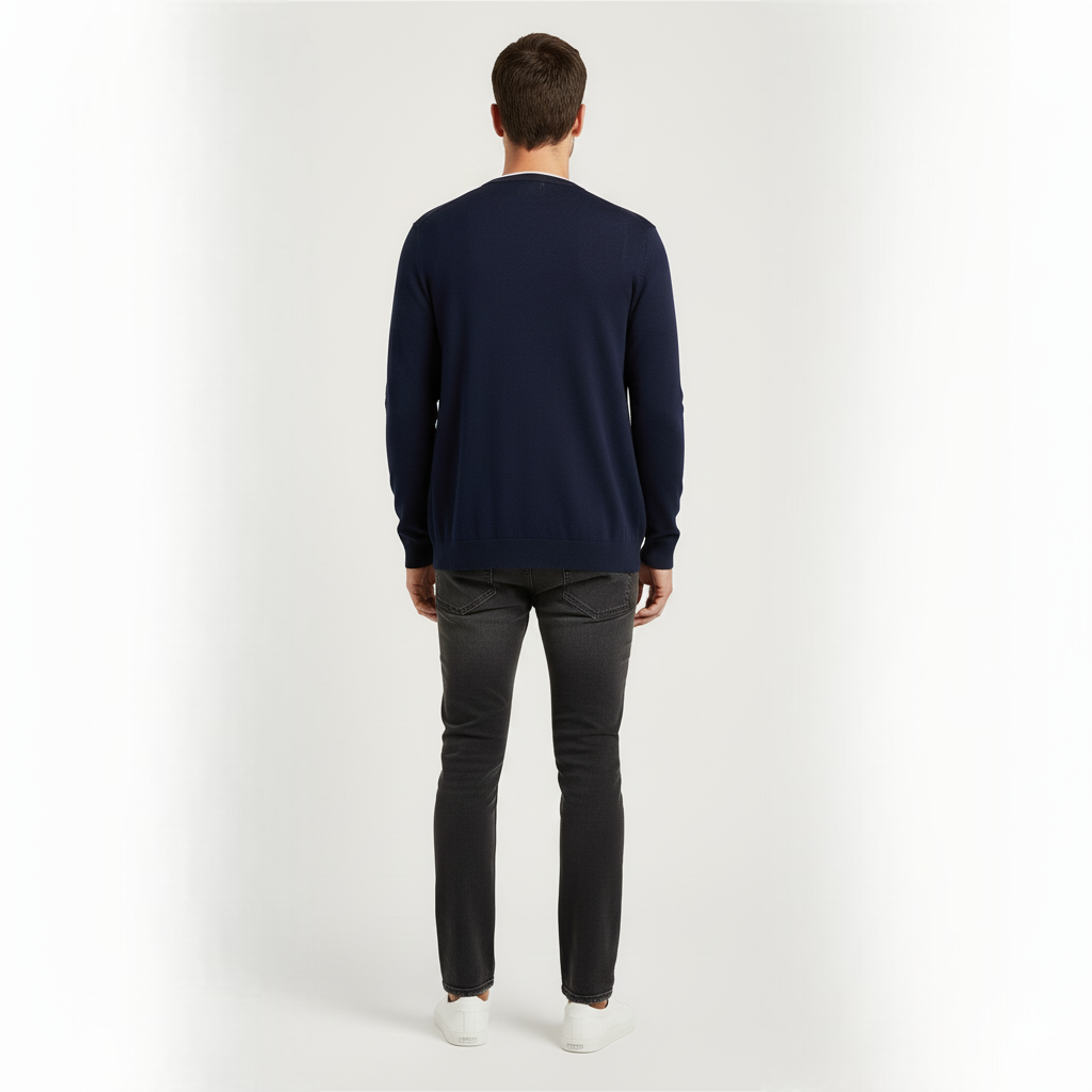 Men's Dark Blue Full Button Sweater with White Lining