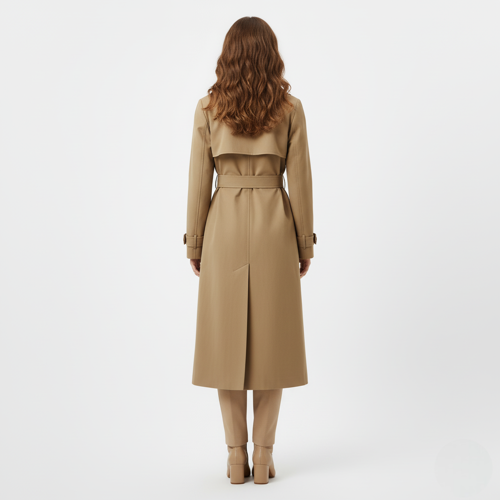 Women’s Long Trench Coat – Classic Double-Breasted Belted Overcoat in Camel