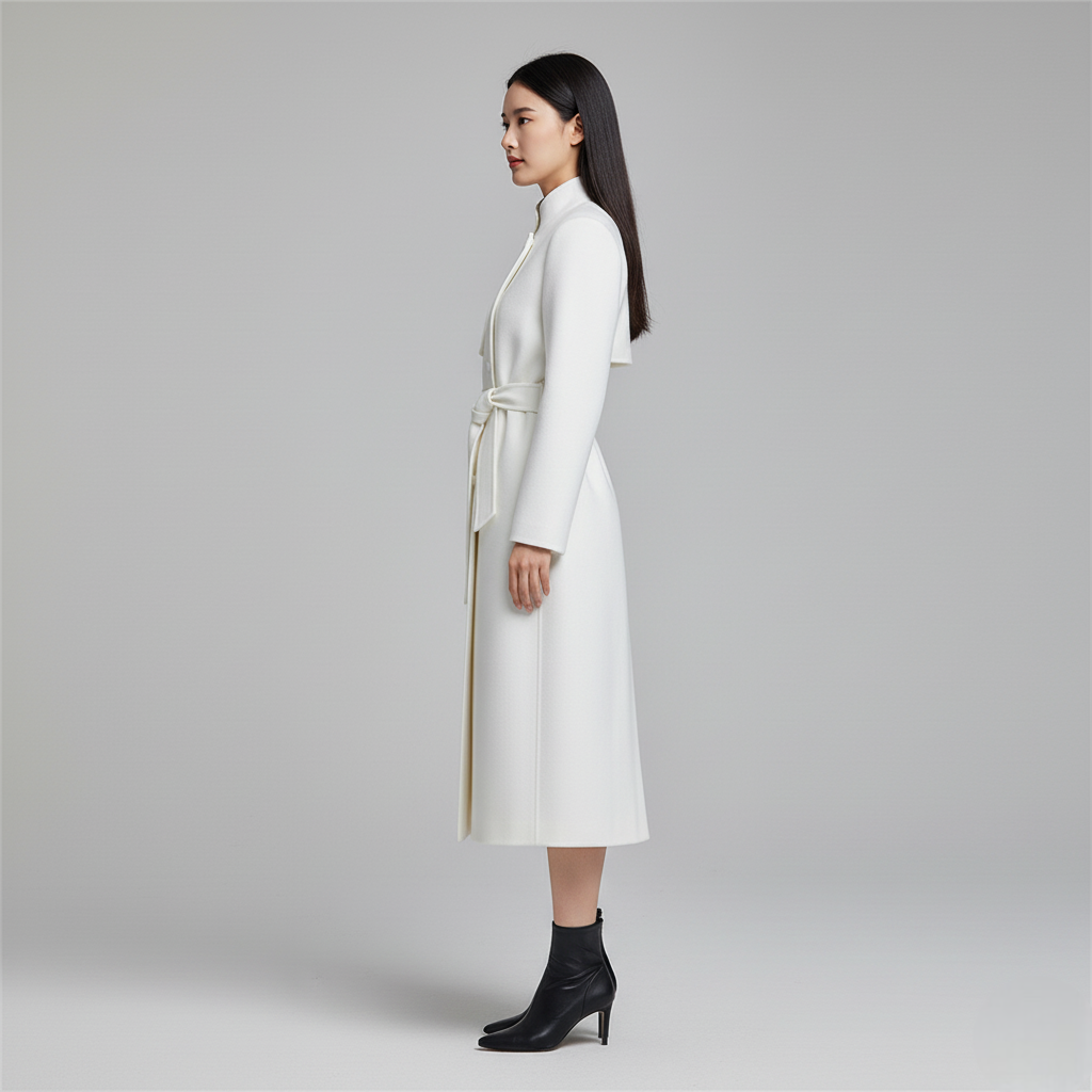 Women's White Double-Breasted Long Trench Coat with Tie Belt