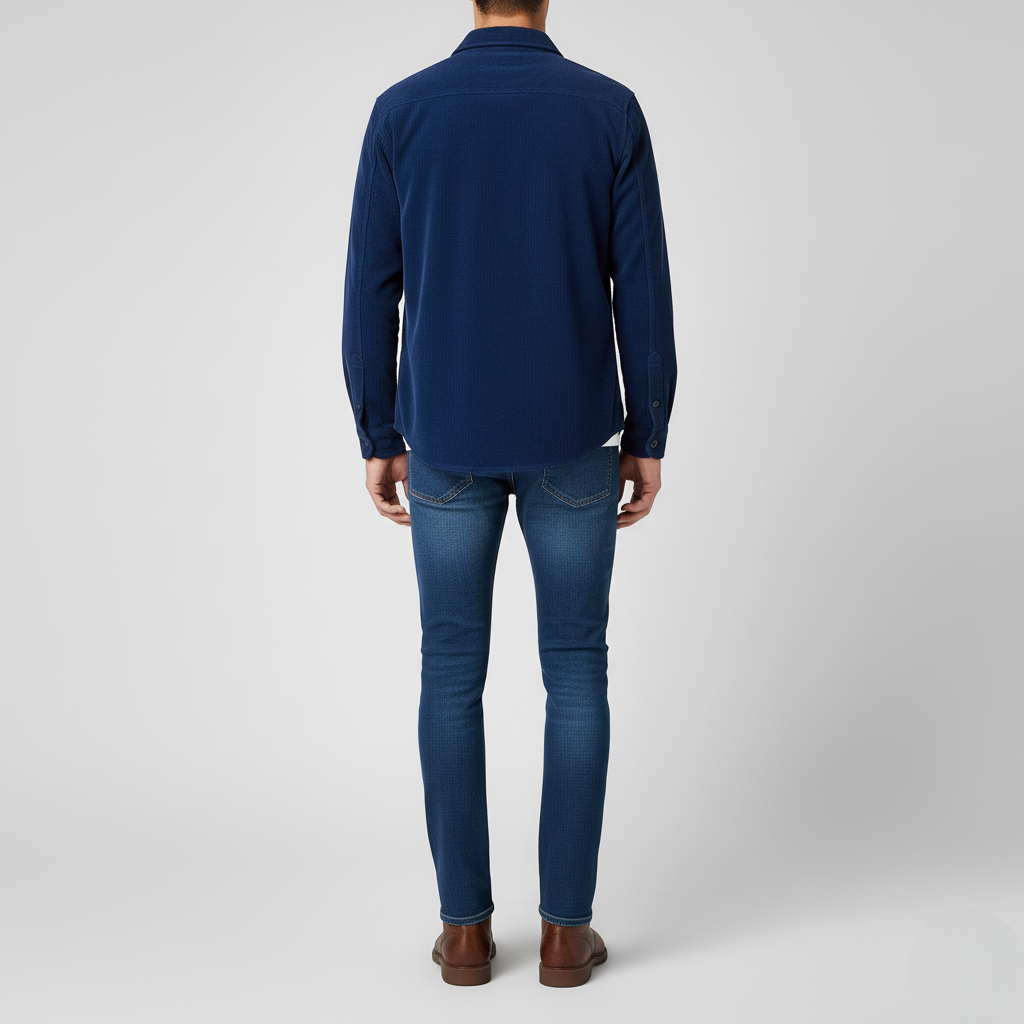 Men's Navy Blue Corduroy Button-Up Overshirt with Dual Chest Pockets