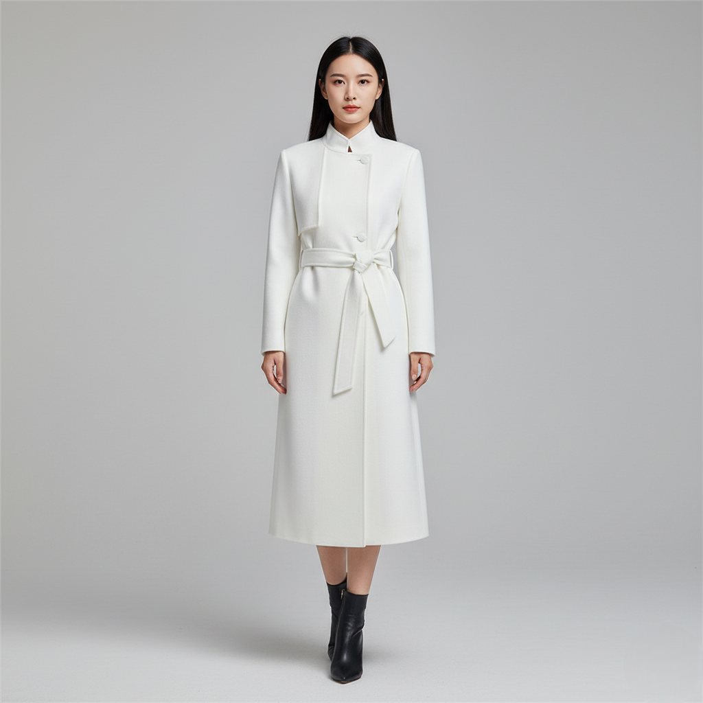 Women's White Double-Breasted Long Trench Coat with Tie Belt