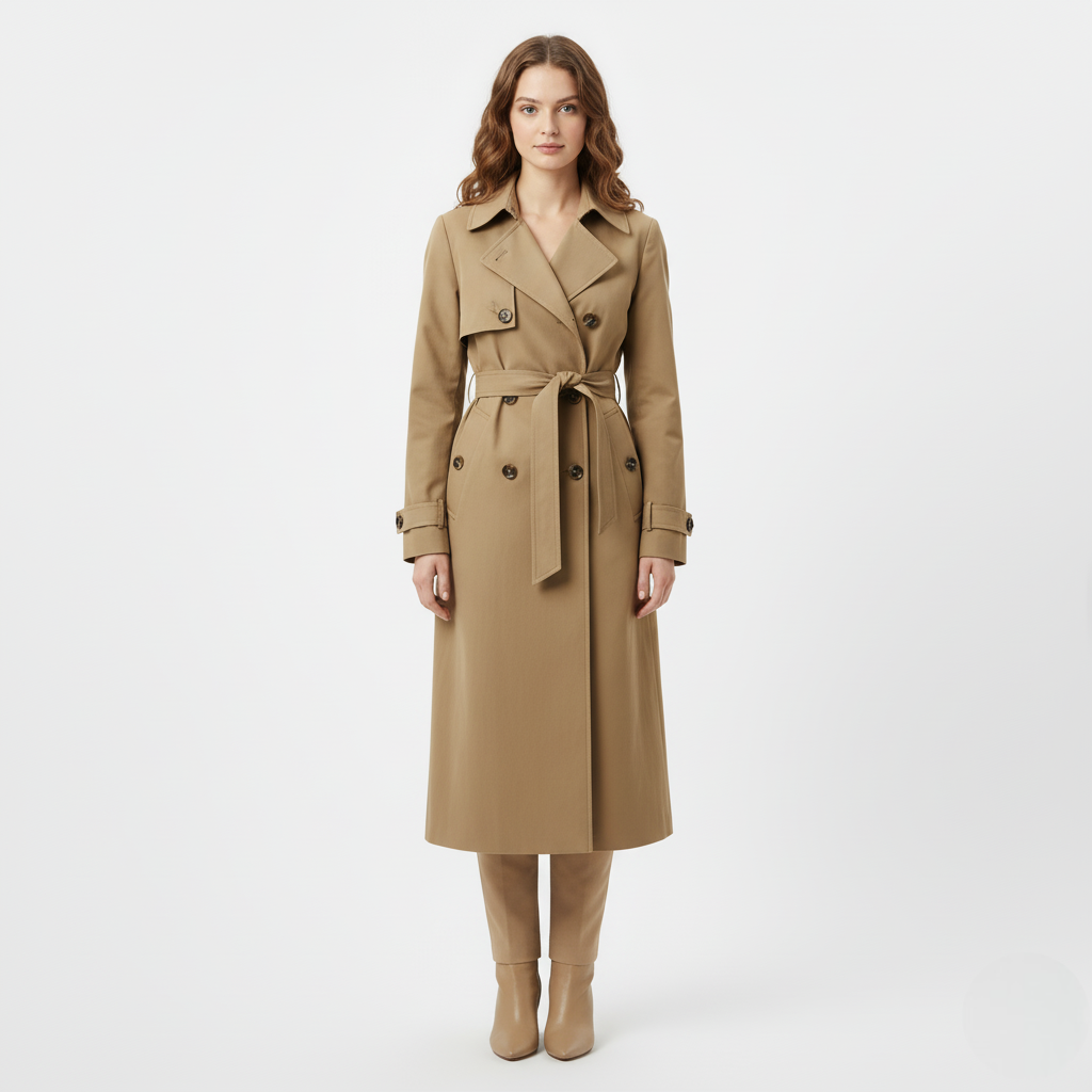 Women’s Long Trench Coat – Classic Double-Breasted Belted Overcoat in Camel