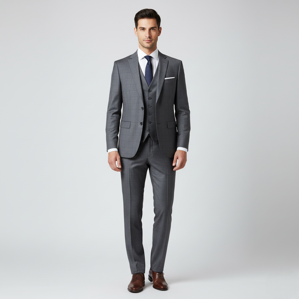 Men’s Three-Piece Checked Suit with Slim Fit Blazer, Vest, and Trousers
