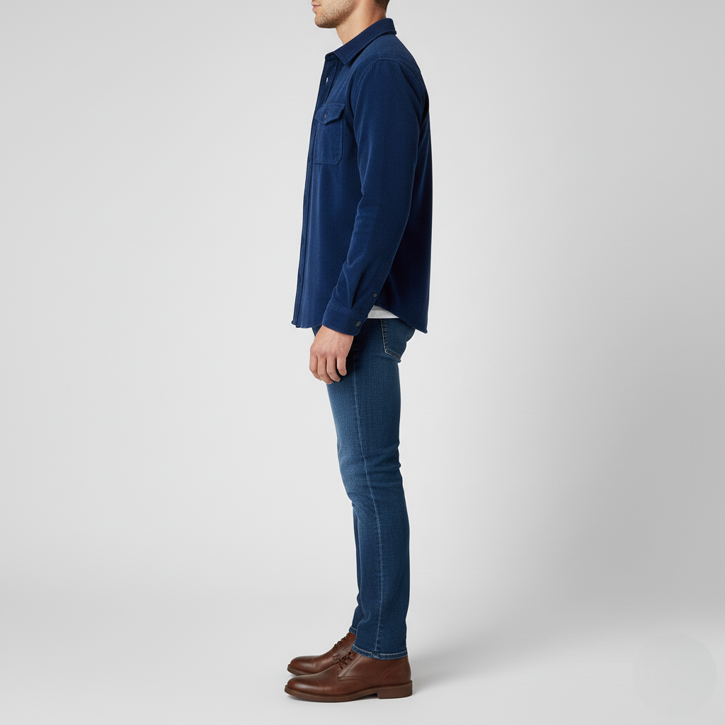 Men's Navy Blue Corduroy Button-Up Overshirt with Dual Chest Pockets