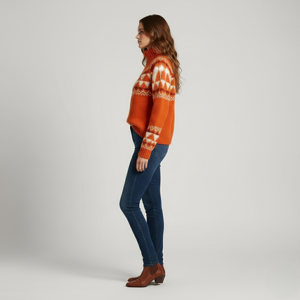 Women's Fair Isle Roll Neck Sweater – Autumn Orange, Warm Chunky Knit Pullover