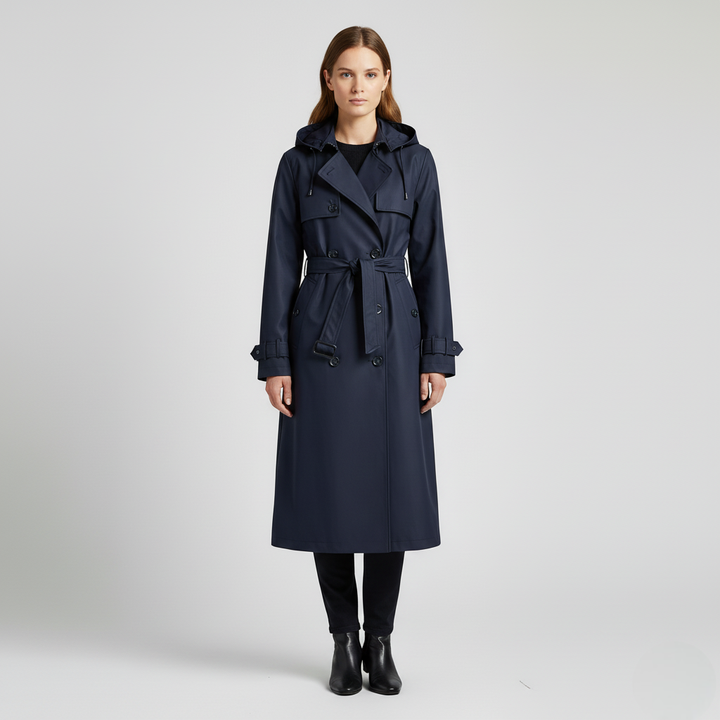 Women’s Long Trench Coat – Double-Breasted Belted Raincoat with Hood
