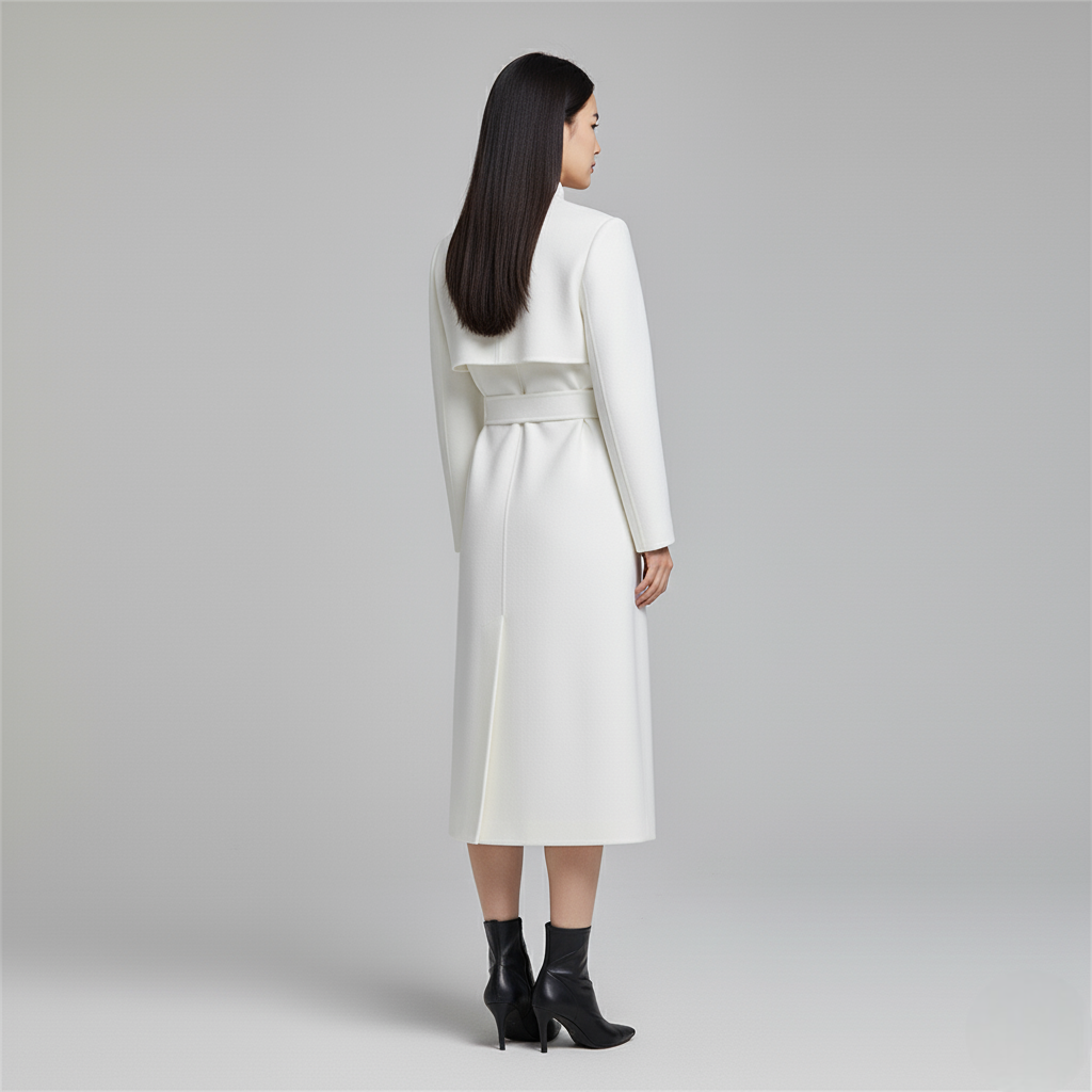 Women's White Double-Breasted Long Trench Coat with Tie Belt