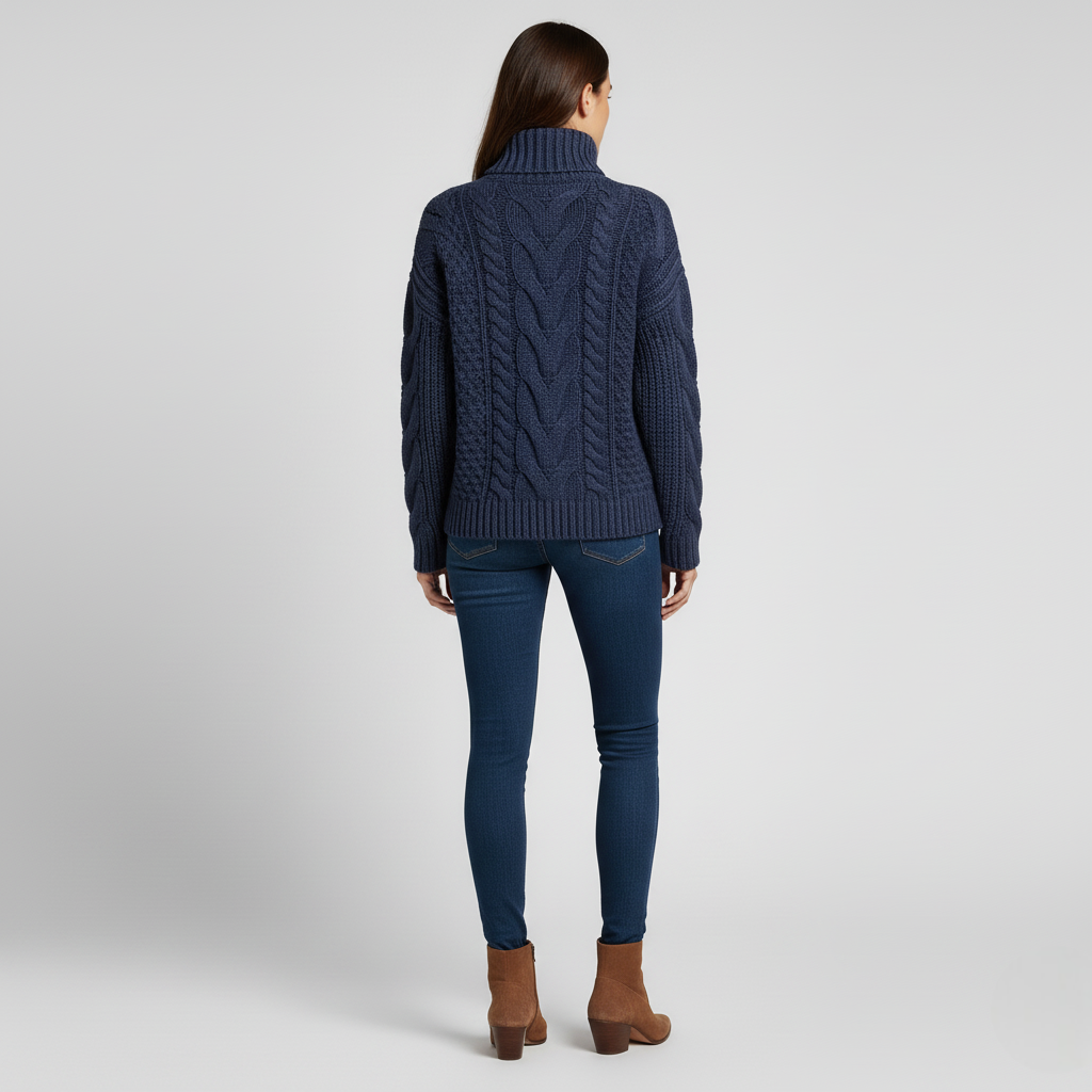 Maric| Women's Chunky Navy Blue Cable Knit Turtleneck Sweater
