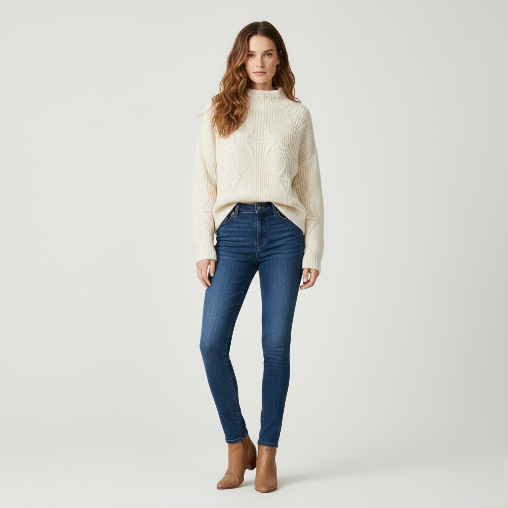 Women's Cream Ribbed Knit Mock Neck Sweater with Circle Pattern