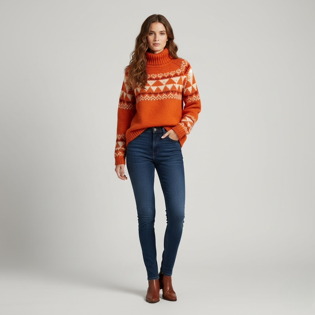 Women's Fair Isle Roll Neck Sweater – Autumn Orange, Warm Chunky Knit Pullover